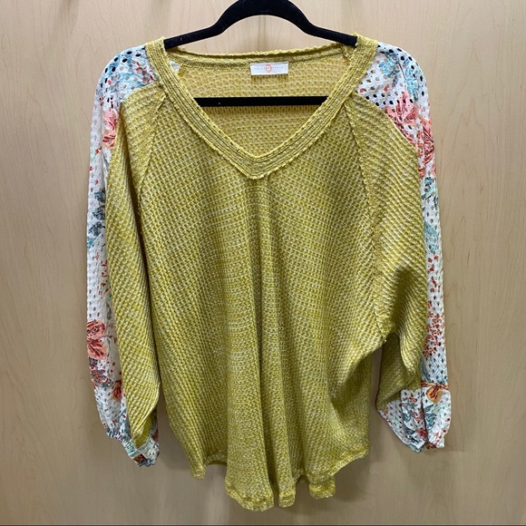 Boutique Tops - Green Waffle Sweater Eyelet Knit Sweater Top Boho